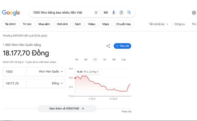Minh họa cách tra cứu tỷ giá giữa tiền Won bằng Google